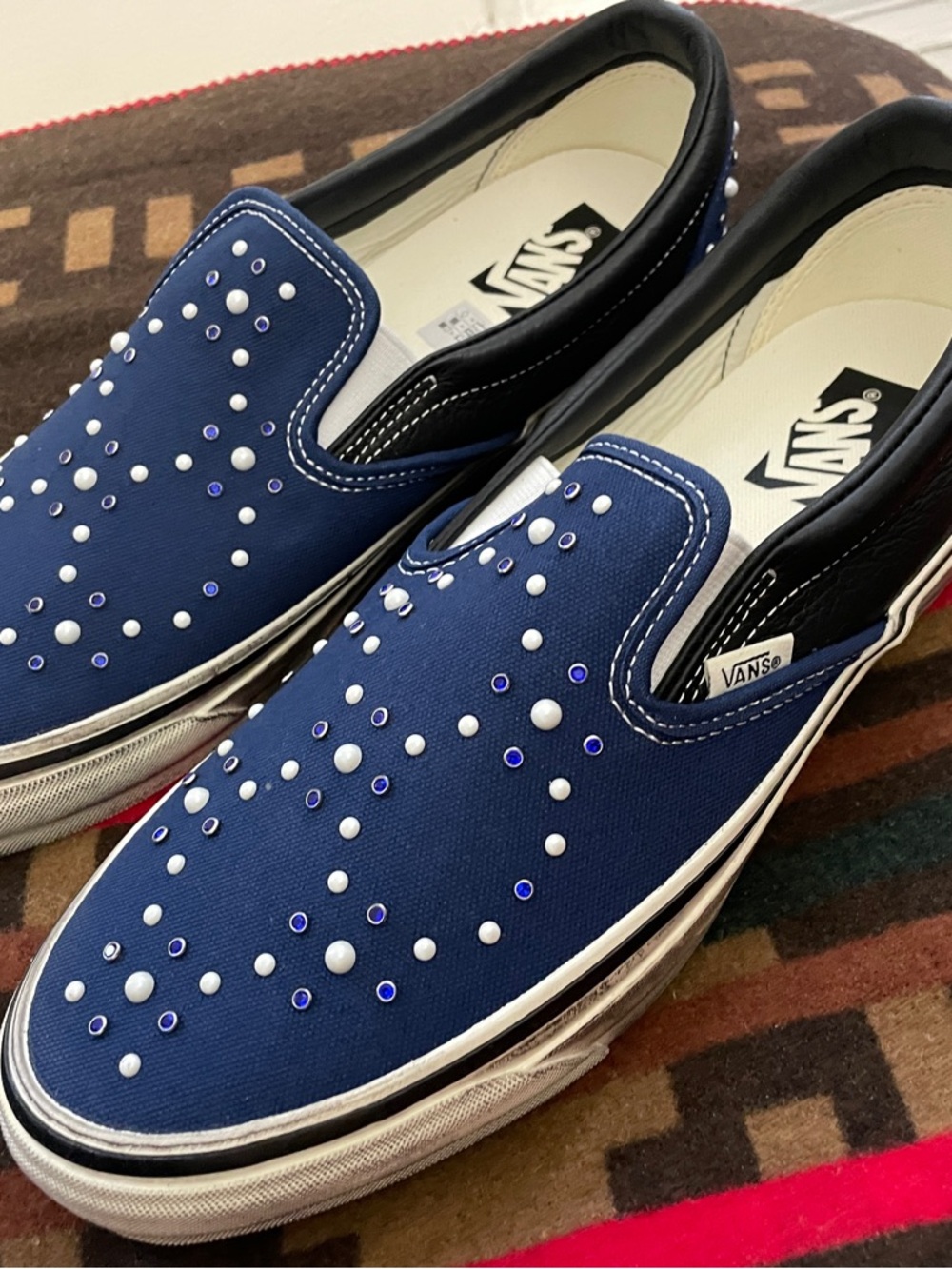 Vans Men’s Slip-On Canvas Sneakers in Navy Blue with Black Trim and White Studs